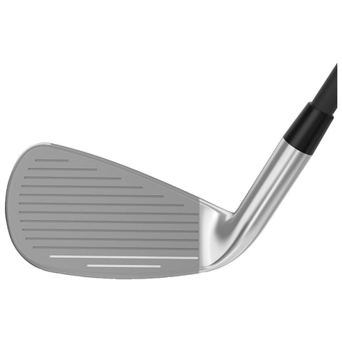 A golf club head is shown positioned horizontally with a shiny silver finish and grooves on the face designed for striking the ball showcasing its angled edges and a black grip at the handle.