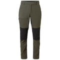 An olive green pair of pants with a front pocket and black knee panels displays a sleek, functional design suitable for outdoor activities or casual wear on a neutral background.