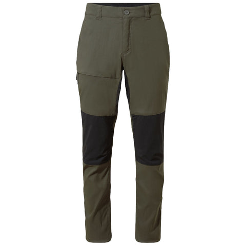 An olive green pair of pants with a front pocket and black knee panels displays a sleek, functional design suitable for outdoor activities or casual wear on a neutral background.