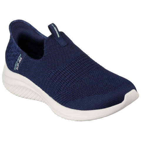 A navy blue slip-on athletic shoe features a textured knit upper and a white rubber sole designed for comfort and ease of wear suitable for casual or active use.