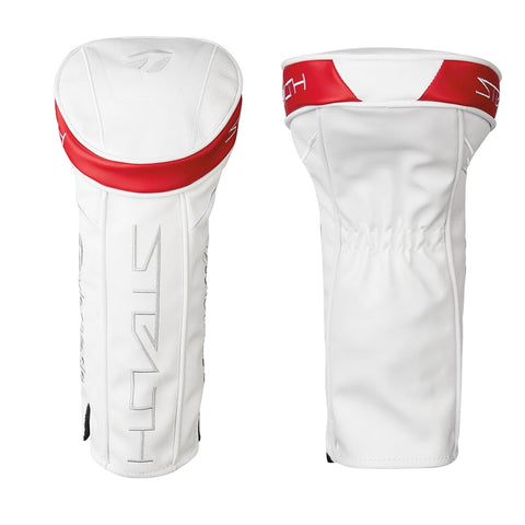 TaylorMade Ladies Stealth Driver Headcover V9683601 A white golf club headcover with a red accent at the top protects the club while displaying a modern design featuring embossed vertical lettering and a snug opening for easy placement.