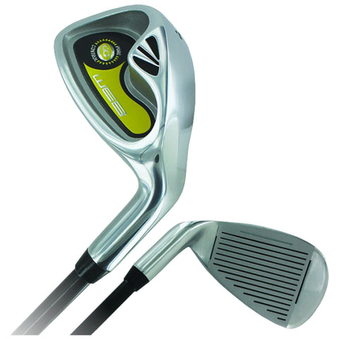 A golf club features a sleek silver head with a yellow logo and a pronounced cavity designed for better aerodynamics positioned above an angled edge with distinct grooves for striking the ball.