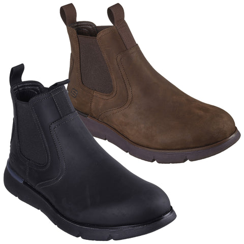 Two ankle boots are displayed side by side one brown and one black. Both feature elastic side panels for easy wear and have a sleek design suitable for casual and formal settings.