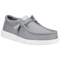 A gray shoe features a soft fabric upper and a white speckled sole with laces for adjustment the shoe is designed for casual wear and comfort.