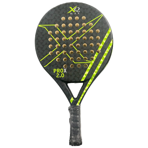 A patterned padel racket features a round face with holes and a textured black and green design labeled PROX 2.0 the handle is wrapped for grip and support.