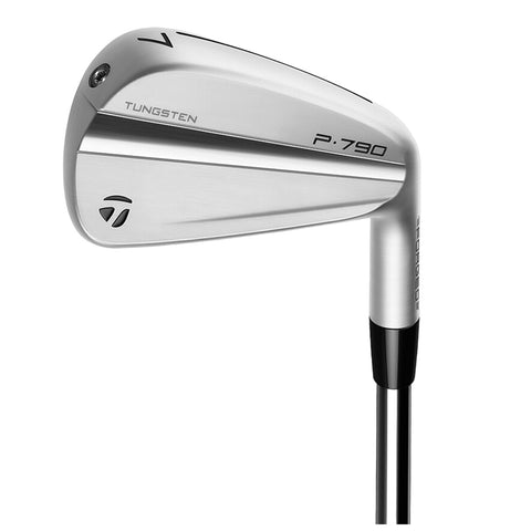 A golf club head with a sleek silver finish is positioned upright emphasizing its tungsten material and model name P.790 showcasing an angled face and attached black shaft.