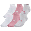 Six pairs of ankle-length socks are displayed arranged in two rows with colors including white pink and gray featuring a logo on each sock in a retail context.