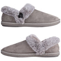 A pair of gray slippers features a soft faux fur collar and a button detail the slippers are positioned side by side against a white background