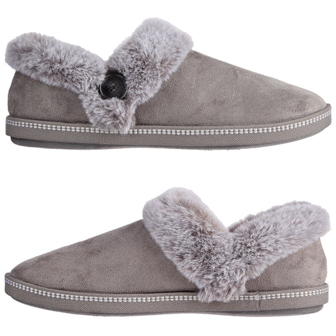 A pair of gray slippers features a soft faux fur collar and a button detail the slippers are positioned side by side against a white background