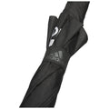 A black umbrella is tightly folded and secured with a fabric strap featuring the Adidas logo, placed against a plain background. The material appears slightly textured and reflective.