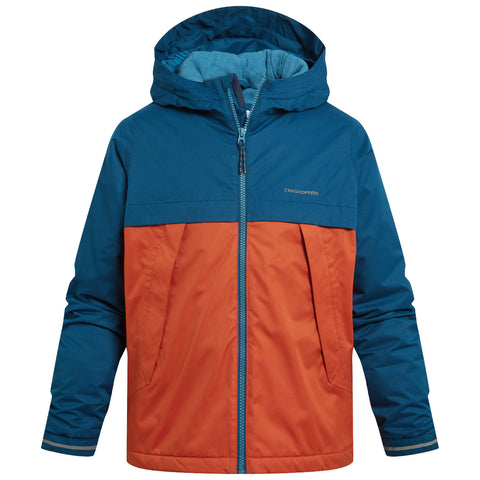 A hooded jacket features a blue upper section and an orange lower section with a zipper in the front displaying the brand name Craghoppers on the chest area.