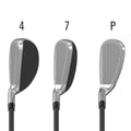 Three golf clubs are displayed side by side showcasing their angled club faces with numbers 4 and 7 and letter P positioned above each club representing their types.