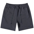 Dark gray shorts with an elastic waistband and drawstrings feature side pockets and a small logo on the lower right leg against a plain white background.