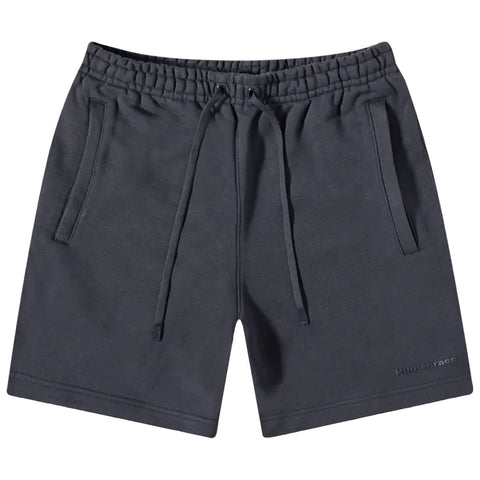 Dark gray shorts with an elastic waistband and drawstrings feature side pockets and a small logo on the lower right leg against a plain white background.