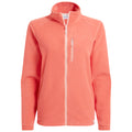 A coral fleece jacket is displayed with a full front zipper and a small chest pocket featuring a zipper. The jacket has a high collar and long sleeves.