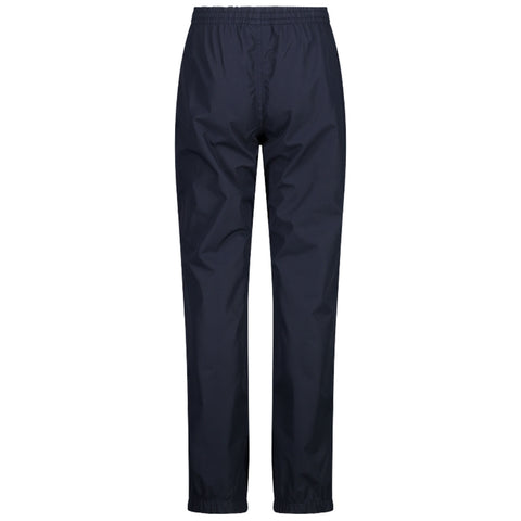 Navy blue waterproof pants are displayed standing upright with an elastic waistband and elastic cuffs at the ankles in a neutral background suitable for showcasing clothing items