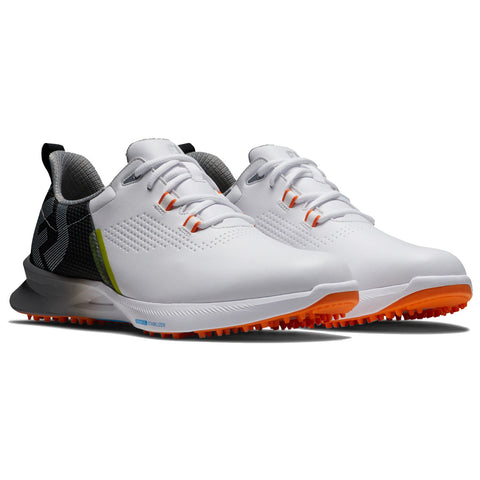 A pair of white athletic shoes with orange accents sits side by side on a flat surface featuring a textured upper for grip and a supportive design for performance.