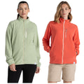 Two women are wearing different colored fleece jackets. One model has a light green jacket and the other a bright orange jacket, both smiling and posing against a plain background.