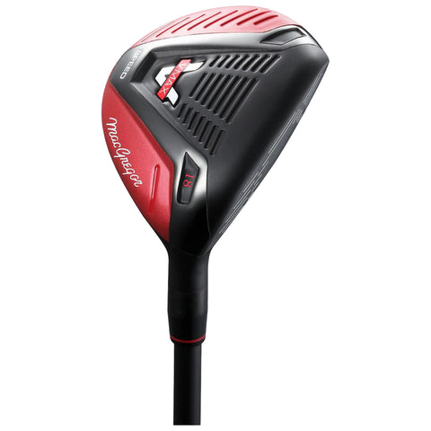 A golf club with a red and black design lies upright showing its angled head featuring grooves and a brand name on the side indicating it is an 18-degree club.