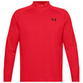 A red long-sleeve shirt features a zippered collar and a black logo. The shirt appears designed for athletic wear, suitable for outdoor or active environments.