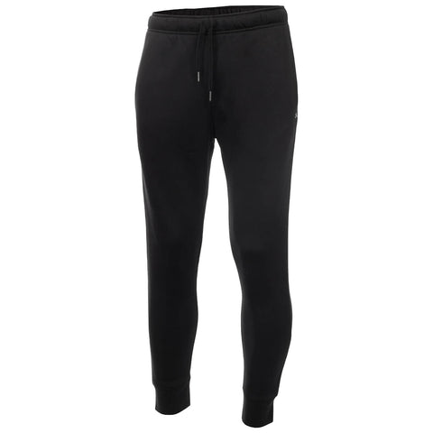 Black sweatpants are displayed standing upright featuring a drawstring waistband and tapered legs set against a plain white background emphasizing their casual and comfortable design