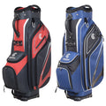 Two golf bags are displayed side by side one in red and black with white accents and the other in blue and black with white accents both have multiple pockets and a sturdy base.