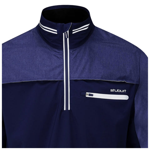 A navy blue jacket with a high collar features a half-zip front and a light blue chest panel with white stripes. It includes a small zippered pocket on the left side.