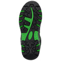 A shoe sole with a black and green traction pattern is displayed facing upward showcasing its grip features intended for outdoor or athletic activities in various terrains.