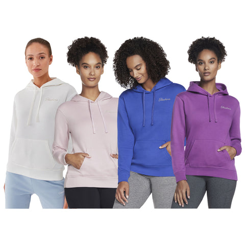 Four women are wearing colorful hooded sweatshirts in white pink blue and purple while posing together against a plain background showcasing casual athletic apparel.