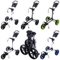 A set of golf push carts in various colors including black green and blue stands in different positions showing their design and functionality the folded cart is displayed at the center