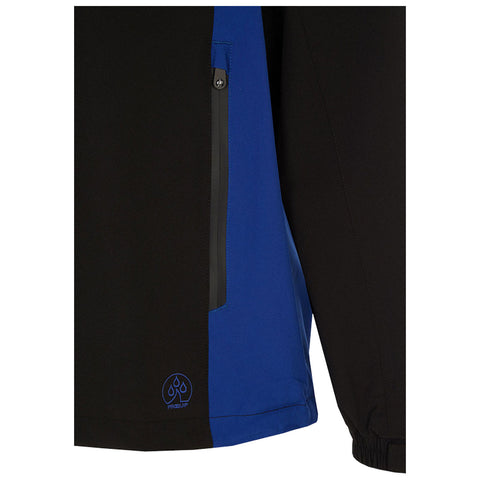 A black and blue jacket is displayed with a side pocket featuring a zipper the jacket's lower edge shows a logo in blue against the black fabric