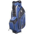 A blue golf bag stands upright featuring multiple compartments and zippers for storage. It is designed for carrying golf clubs and accessories and displays the logo of Cleveland Golf.