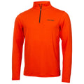 An orange long-sleeve shirt with a half zip is displayed prominently featuring a small black logo on the left chest area set against a neutral background.