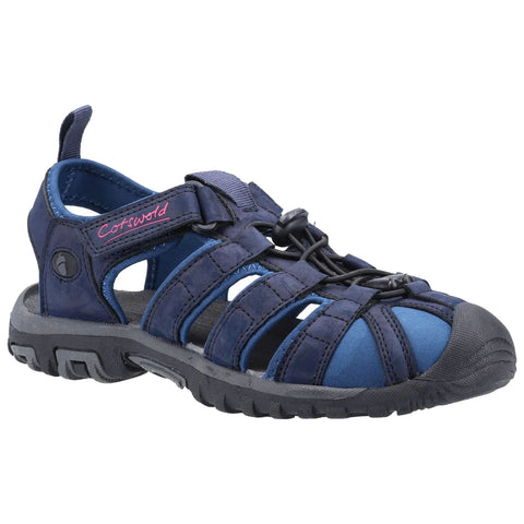 A blue and black sandal features multiple straps and a rubber sole designed for outdoor use with an adjustable closure for a secure fit showcasing a sporty style suitable for various activities.