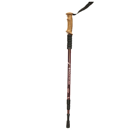 A hiking pole stands upright showcasing a cork grip at the top and a rubber tip at the bottom with adjustable sections indicating its use for outdoor walking or trekking activities.