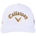 A white baseball cap features the embroidered word "Callaway" in gold and a logo resembling a golf club. The texture is subtle, suitable for casual or athletic wear.