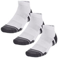 Three pairs of ankle-length socks are displayed with a white body and black toe sections showing a striped design. They are arranged closely together on a plain background.