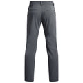 Grey trousers are displayed standing upright with a straight cut design and two back pockets visible in a neutral setting suitable for showcasing clothing items.