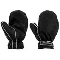 Black mittens are positioned to show their openings with elastic cuffs and white stitching details they are typically used for warmth in cold weather contexts.