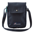 A small dark blue shoulder bag hangs vertically with a flap cover and a metal snap. It features a strap and a logo patch on the front.