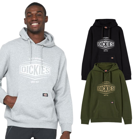 A person is smiling while wearing a grey hoodie displaying the brand name Dickies. Two additional hoodies in black and green are shown beside him in a neutral background.