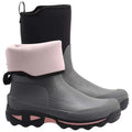 A pair of waterproof boots features a gray body with a pink cuff and black upper portion designed for outdoor activities on wet or muddy surfaces in casual environments.