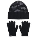 A black and gray camouflaged knit beanie rests above two matching black gloves placed side by side showcasing a warm winter accessory set suitable for cold weather use.