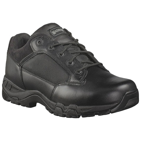 A black shoe made of leather and mesh features laces and a rugged sole designed for durability and comfort suitable for outdoor or work environments.