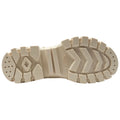 A shoe sole features a textured surface with various patterns including grooves and bumps designed for traction and grip suitable for outdoor activities and varying terrains.