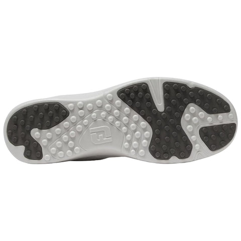 A black and white shoe sole features various textured patterns for grip displaying the logo in the center ideal for sports or casual use placed on a plain background.