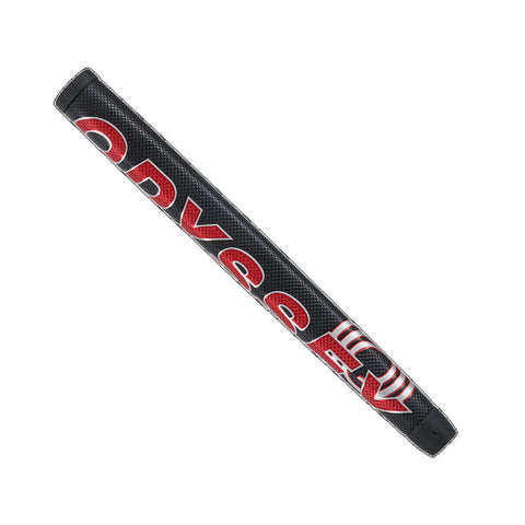 A black and red athletic grip tape lies flat showcasing textured detailing and bold lettering reading "ODYSSEY". It appears designed for enhancing grip on sports equipment like golf clubs or bicycles.