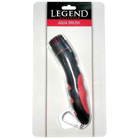 A black and red golf brush is packaged for sale displaying its ergonomic handle and bristle head designed for cleaning golf clubs and balls in a retail setting