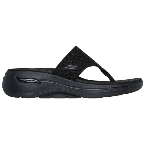 A black flip-flop features a textured strap and a thick cushioned sole displaying a logo on the side designed for casual wear and comfort on warm days.