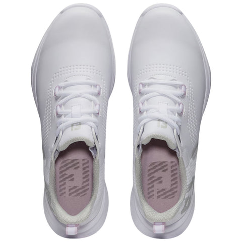 A pair of white athletic shoes is positioned facing upward the shoes feature laces and a textured surface with a light-colored insole visible in the interior